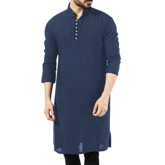 Men's Casual Thobe Robe Long Sleeve Loose Fit Jubba Solid Stand Collar Button Shirt for Daily Wear Mens Casual Crew Neck Basic Tees
