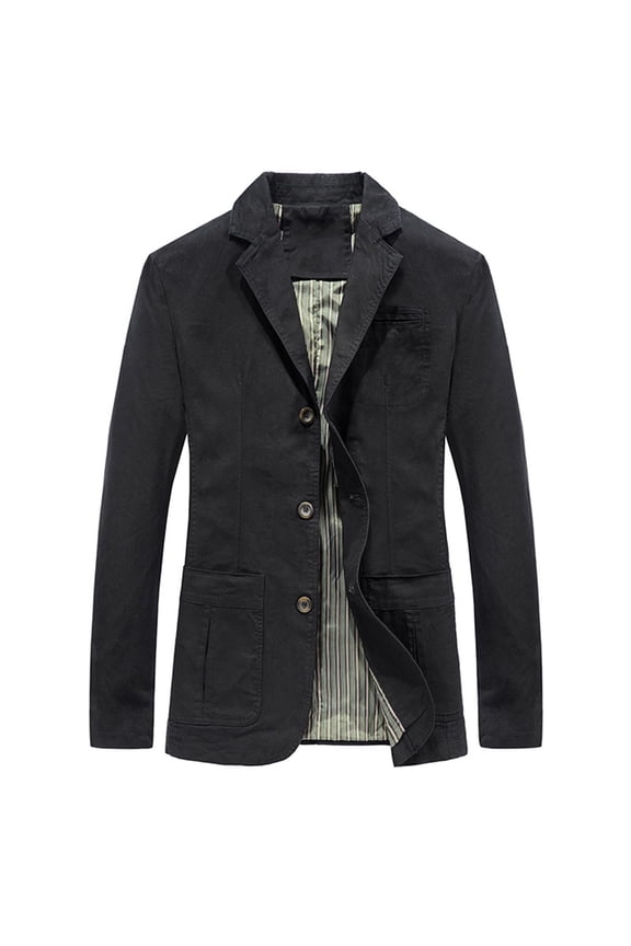 Men's Casual Three Button Coat Striped Lined Cotton Twill Suit Blazer Jacket Notch Lapel Vintage Jacket Sport Coat with Muti Pockets Big and Tall Size M-3XL Black