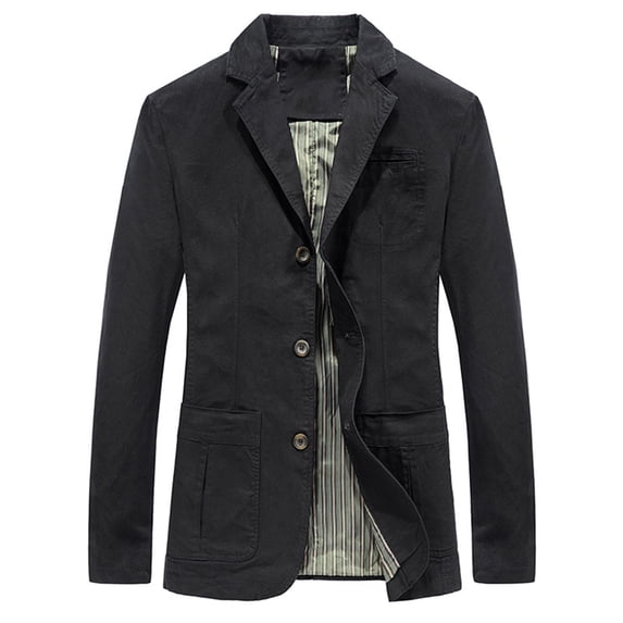 Men's Casual Three Button Coat Striped Lined Cotton Twill Suit Blazer Jacket Notch Lapel Vintage Jacket Sport Coat with Muti Pockets Big and Tall Size M-3XL Black