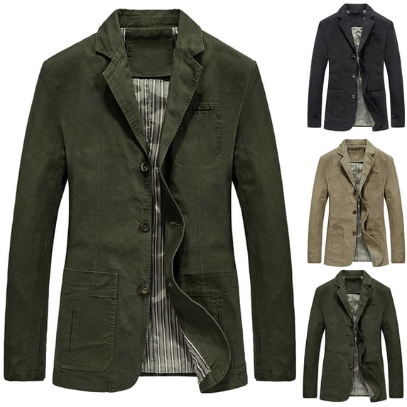 Men's Casual Three Button Coat Striped Lined Cotton Twill Suit Blazer Jacket Notch Lapel Vintage Jacket Sport Coat with Muti Pockets Big and Tall Size M-3XL Khaki