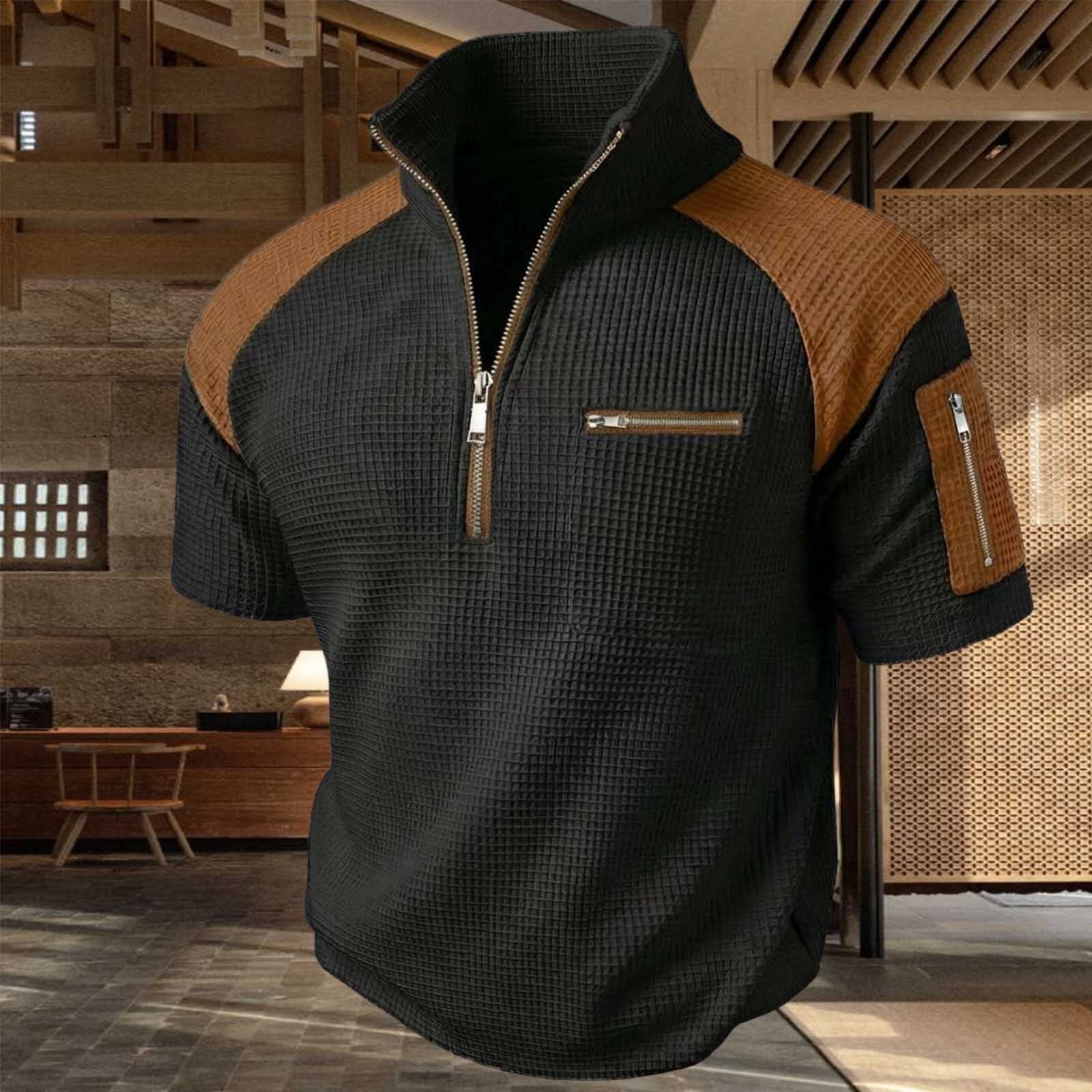 Men's Casual Top, Short Sleeve, Stand Collar, Color Block, Zip Front ...