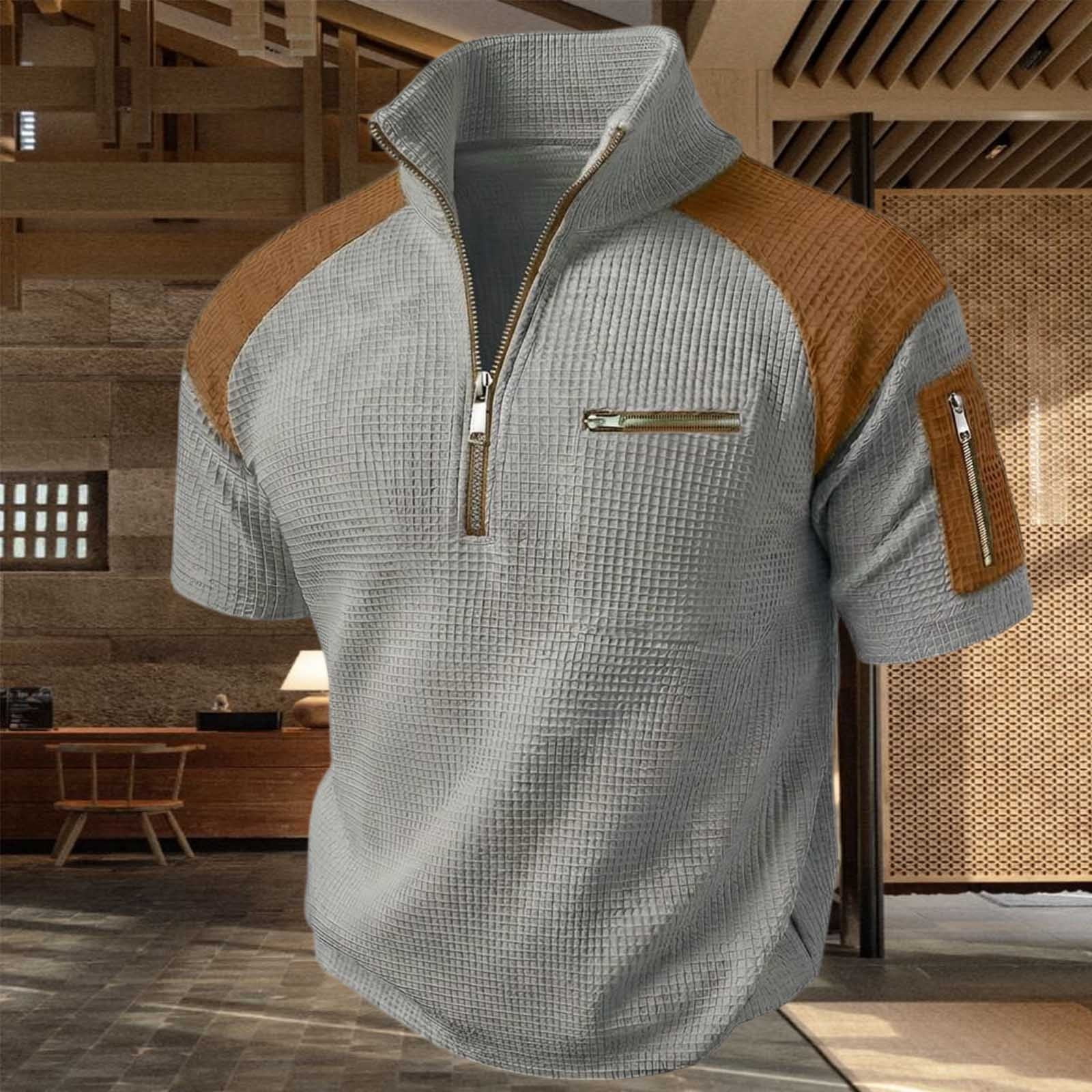 Men's Casual Top, Short Sleeve, Stand Collar, Color Block, Zip Front ...