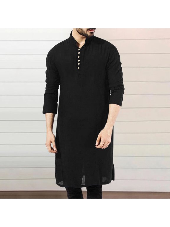 Men's Casual Top Thobe Solid Stand Robe Long Sleeve Button Casual Loose Jubba Thobe Pajama Romper Mens Silk Shirts Short Sleeve Men Long Sleeve Tall Size Shirts for Men Shirts for Tall Men