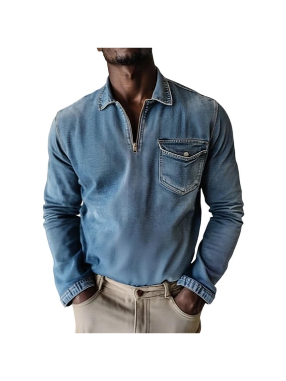Men's Casual Tops Vintage Wash Half Zip Long Sleeve Tops Fall Spring Outwear Shirt with Pockets Blue L