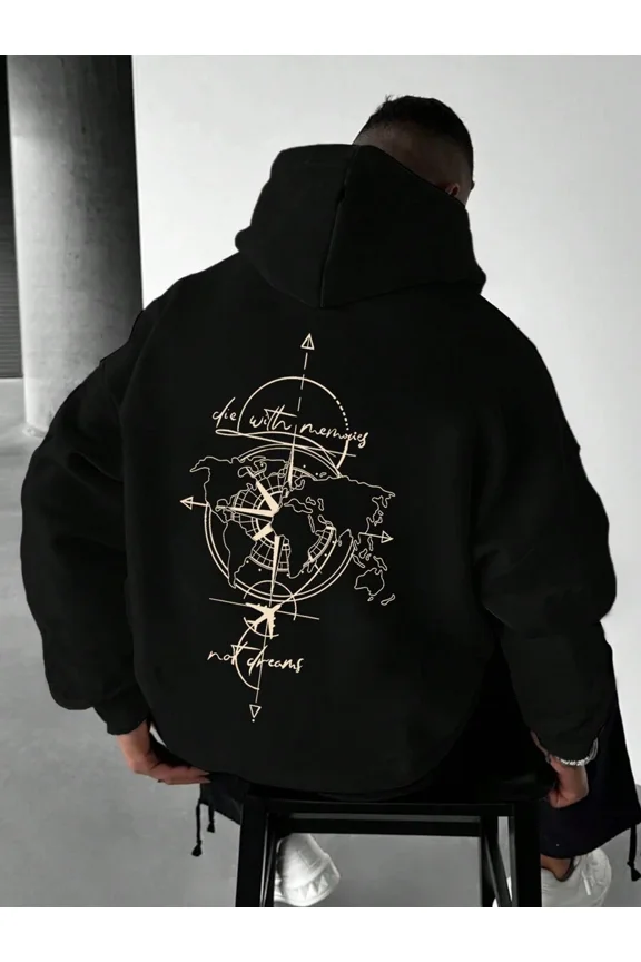 Men's Casual Travel Globe Compass Letter Print Fleece Hoodie Sweatshirt, Emo Style, 2000s Style, Fall/Winter