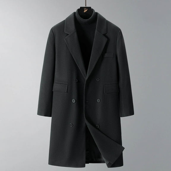 Men's Casual Trench Coat Loose Fitting Notched Collar Long Jacket Overcoat Double Breasted Business Dressy Coat With Pockets Black 4XL