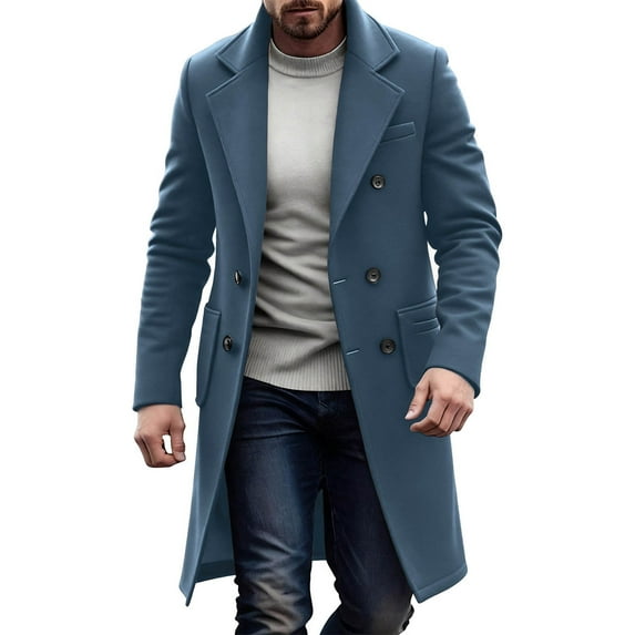 Men's Casual Trench Coat Notched Lapel Long Jacket Overcoat Dressy Double Breasted Outerwear with Pockets New Casual Outerwear for Men Blue XL