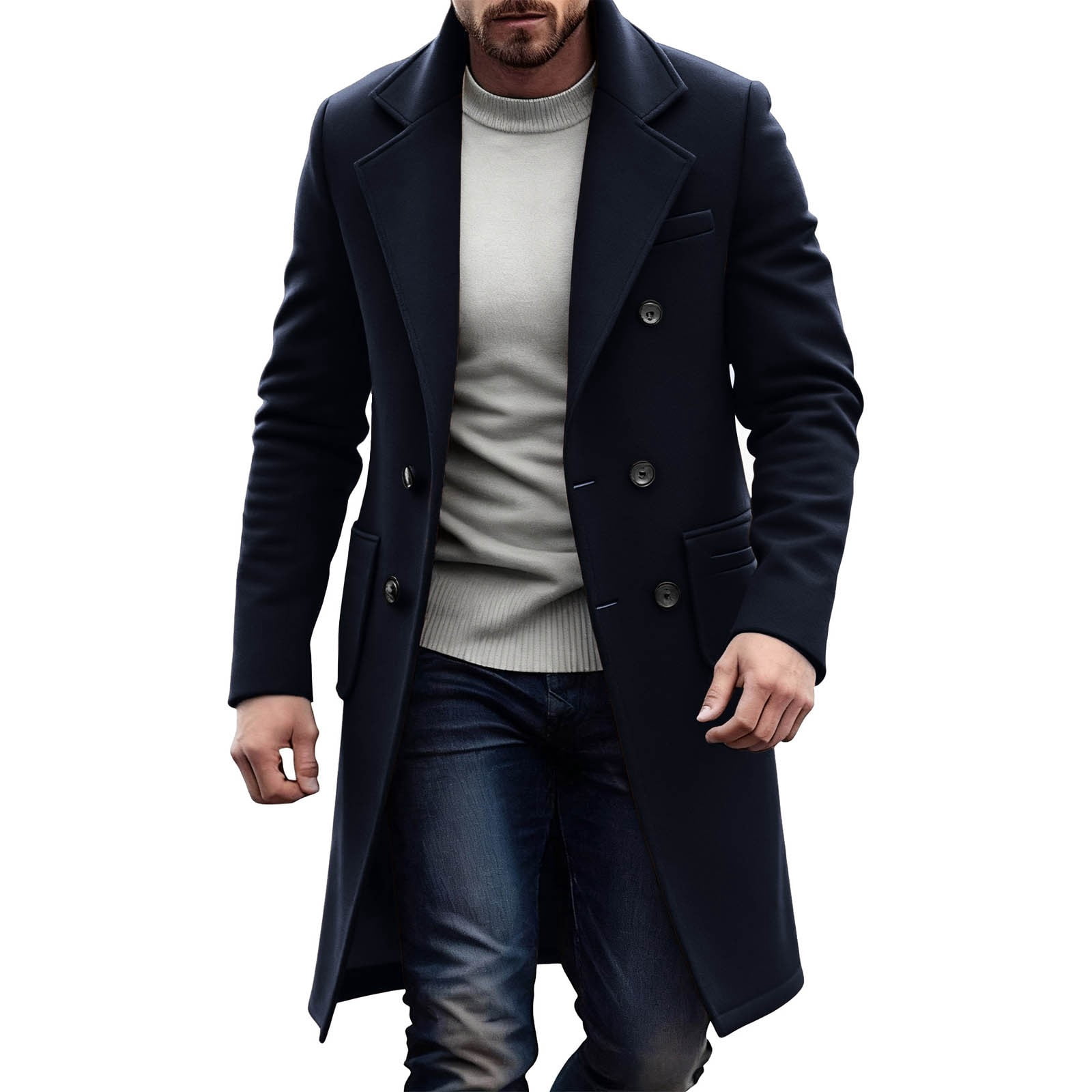 Men's Casual Trench Coat Notched Lapel Long Jacket Overcoat Dressy