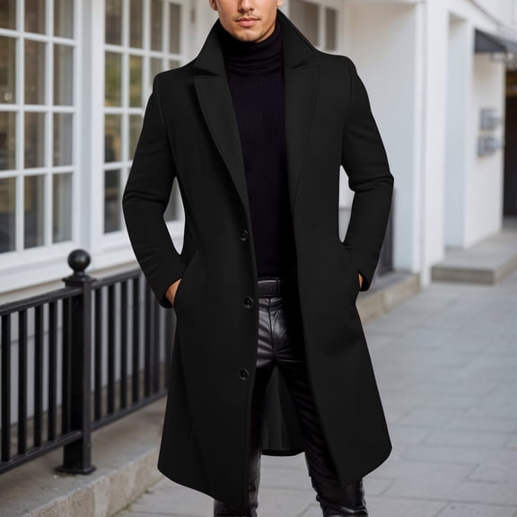 Men's Casual Trench Coat Slim Fit Notched Collar Long J Single Breasted Peacoat (Black M)