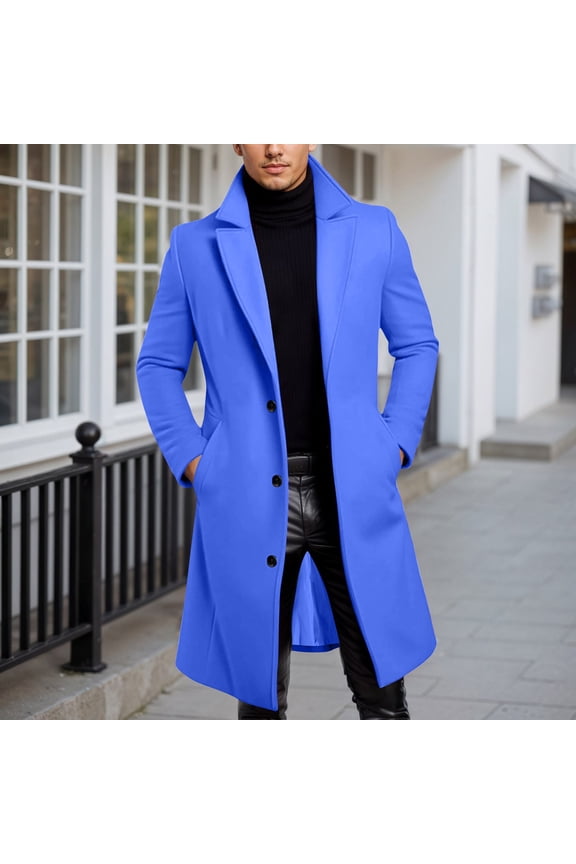 Men's Casual Trench Coat Slim Fit Notched Collar Long J Single Peacoat (Blue L)