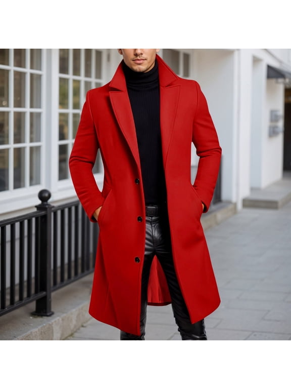 Men's Casual Trench Coat Slim Fit Notched Collar Long J Single Breasted Peacoat (Red M)