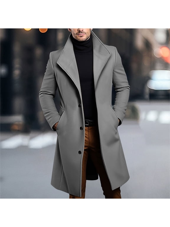 Men's Casual Trench Coat Slim Fit Notched Collar Long Jacket Overcoat Single Breasted Pea Coat wih Pockets Dark Gray M