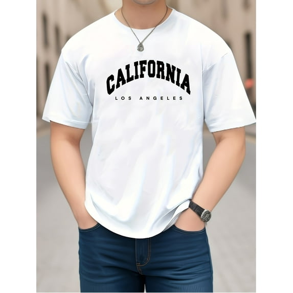 Men's Casual Trendy California Graphic Print Comfortable Crew Neck Short Sleeve T-shirts, Summer Top Tees, Casual Sporty Tee, Summer Gifts