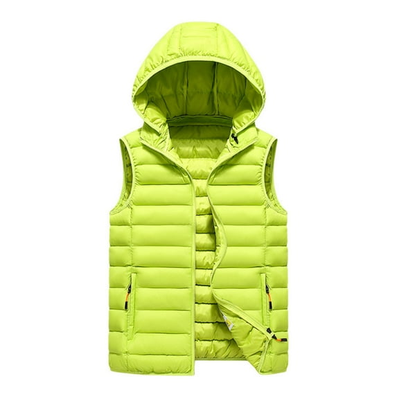 Men's Casual Trendy Rib Pattern Sleeveless Cotton Vest - Hooded Solid Color Slim-fit Cotton-padded Jacket, Fluorescent Green, Size L