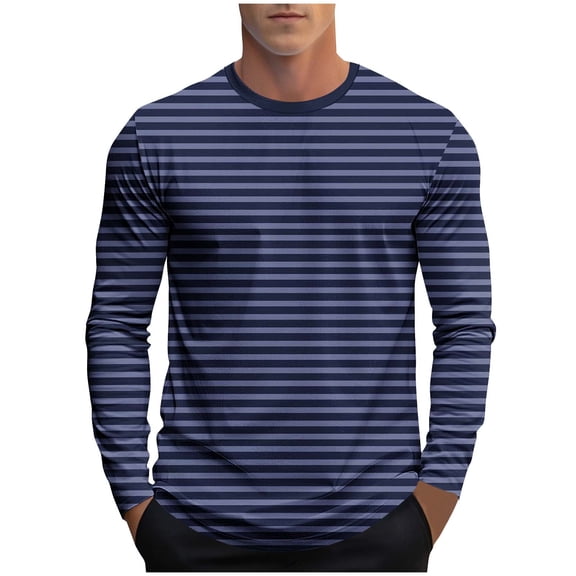 Men's Casual Tshirts Gradient Color Long Sleeve Fashion T-Shirts Round Neck Base Soft Tee Shirt Spring Fall Tops (M, Blue-Striped)