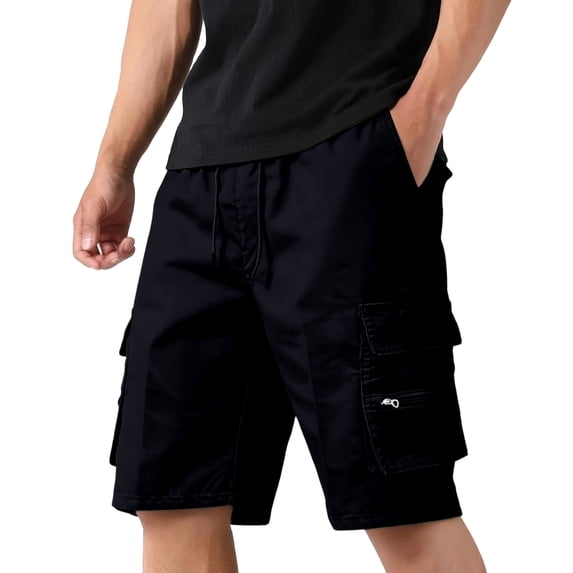 Men's Casual Twill Cargo Shorts with Zip Elastic Waist Loose Fit Drawstring Short Black M