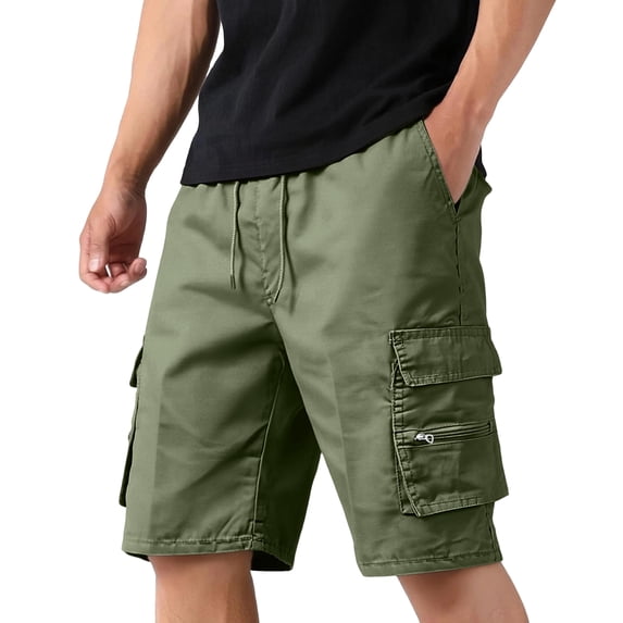 Men's Casual Twill Cargo Shorts with Zip Elastic Waist Loose Fit Drawstring Short Green L