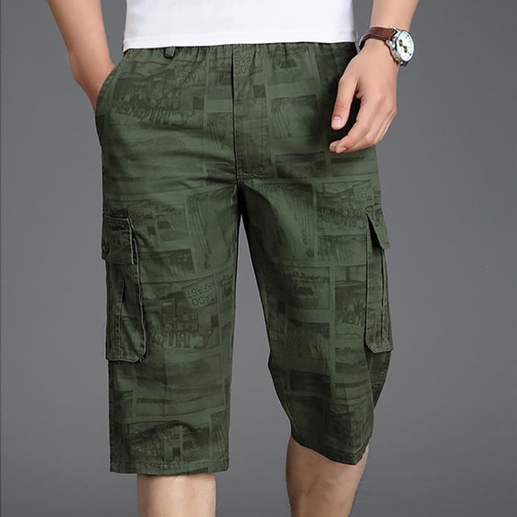 Men's Casual Twill Elastic Cargo Shorts Below Knee Loose Fit Multi-Pockets Capri Long Shorts 3/4 Outdoor Pants