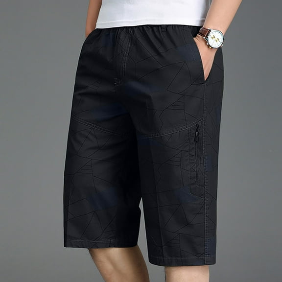Men's Casual Twill Elastic Cargo Shorts Below Knee Loose Fit Multi-Pockets Capri Long Shorts Outdoor 3/4 Pants