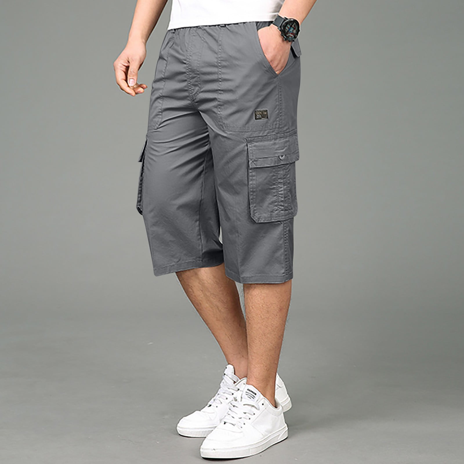 Men's Casual Twill Elastic Cargo Shorts Below Knee Loose Fit Multi-Pockets  Capri Long Shorts 