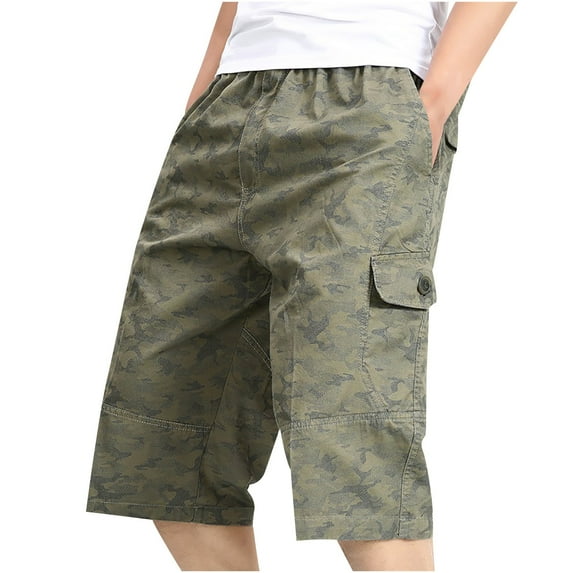 Men's Casual Twill Elastic Cargo Shorts Below Knee Loose Fit Multi-Pockets Capri Long Shorts