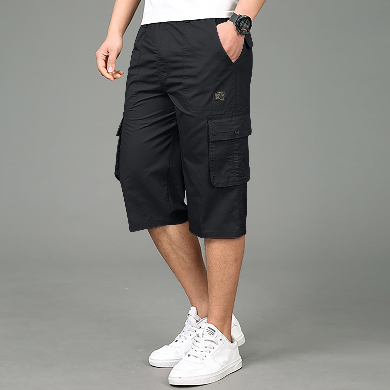 Men's Casual Twill Elastic Cargo Shorts Below Knee Loose Fit Multi-Pockets  Capri Long Shorts