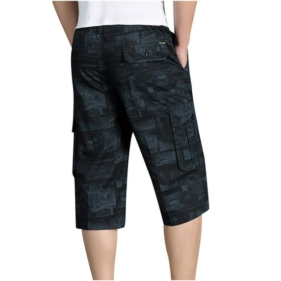 Men's Casual Twill Elastic Cargo Shorts Below Knee Loose Fit Multi-Pockets Capri Long Shorts