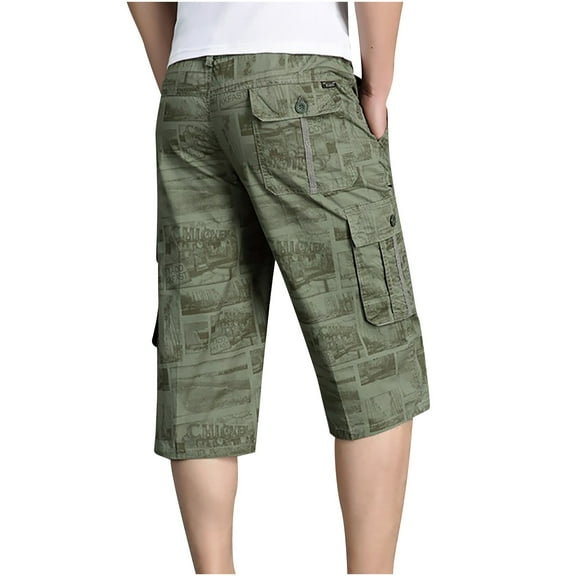 Men's Casual Twill Elastic Cargo Shorts Below Knee Loose Fit Multi-Pockets Capri Long Shorts