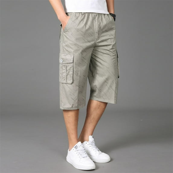 Men's Casual Twill Elastic Cargo Shorts Below Knee Relaxed Fit Multi-Pockets Capri Long Shorts 3/4 Outdoor Pants