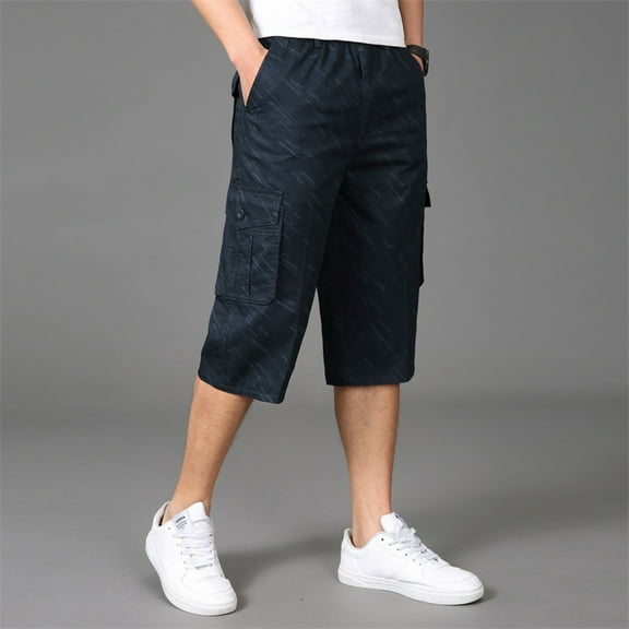 Men's Casual Twill Elastic Cargo Shorts Below Knee Relaxed Fit Multi-Pockets Capri Long Shorts 3/4 Outdoor Pants