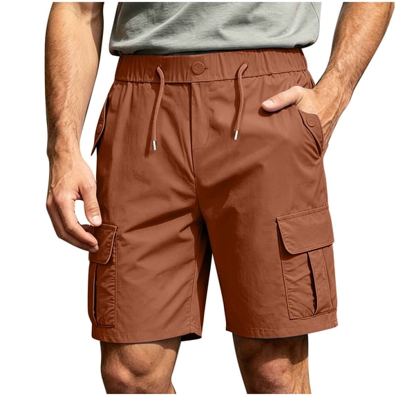 Men's Casual Twill Pull on Cargo Shorts Button Zip Fly Cotton Elastic Waist Loose Fit Drawstring Work Short with Muti Pocket Coffee