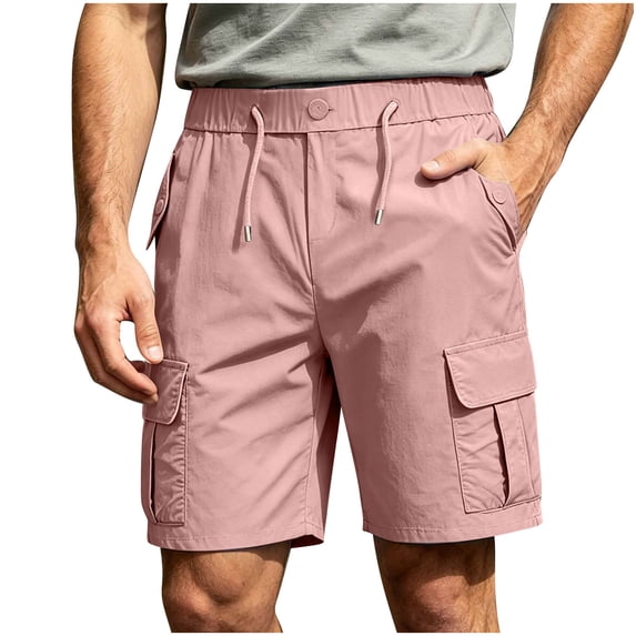 Men's Casual Twill Pull on Cargo Shorts Button Zip Fly Cotton Elastic Waist Loose Fit Drawstring Work Short with Muti Pocket Pink