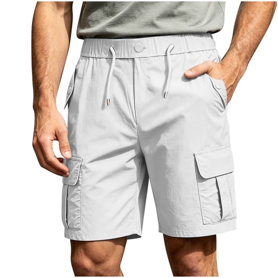Men's Casual Twill Pull on Cargo Shorts Button Zip Fly Cotton Elastic Waist Loose Fit Drawstring Work Short with Muti Pocket White