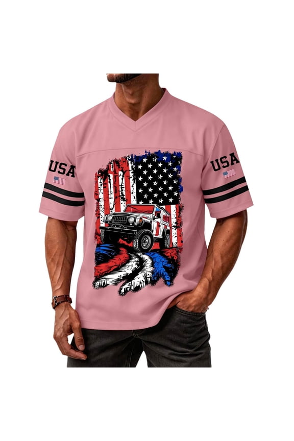Men's Casual USA Graphic V Neck Tee American Flag Jeep Print Two Stripe Sleeve Lightweight Soft Daily Jersey Shirt Pink L