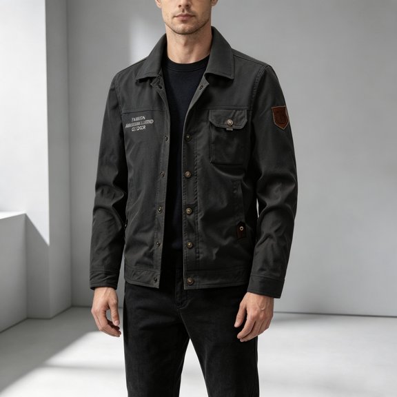 Men's Casual Utility Jacket for Everyday Wear Slim Fit Outdoor Coat with Classic for Spring to Winter, Black, XXXXL