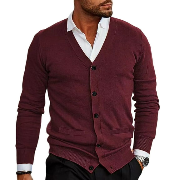 Men's Casual V-Neck Knitted Shirt Jacket, Fitted Design with Pockets for Business Casual and Everyday Style in Cool Weather,Wine,L
