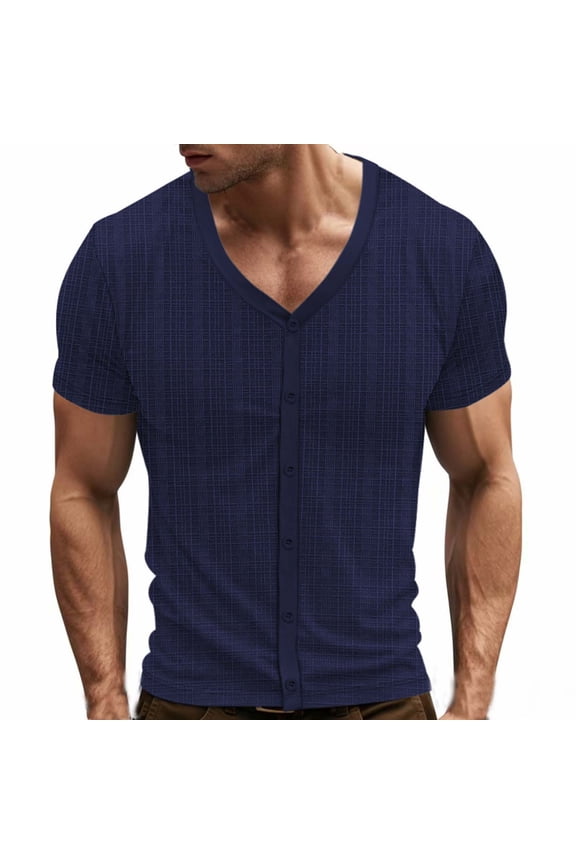 Men's Casual V Neck T-Shirt Henley Cool Breathable Short Sleeve Men's Textured Summer T-Shirt