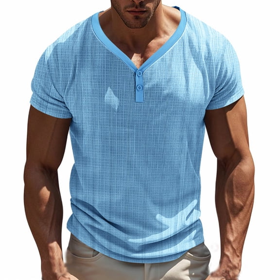 Men's Casual V Neck T-Shirt Henley Shirt Quick Dry Short Sleeve Men's Casual Imitation Cotton and Linen Summer T-Shirt