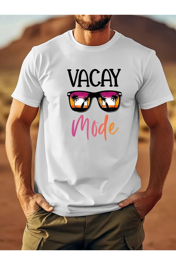 Men's Casual Vacay Mode Graphic T-Shirt - Short Sleeve Round Neck Geometric Print 100% Cotton Relaxed Fit Summer Style White with Vibrant Palm Tree & Fashion Glasses Design Size S