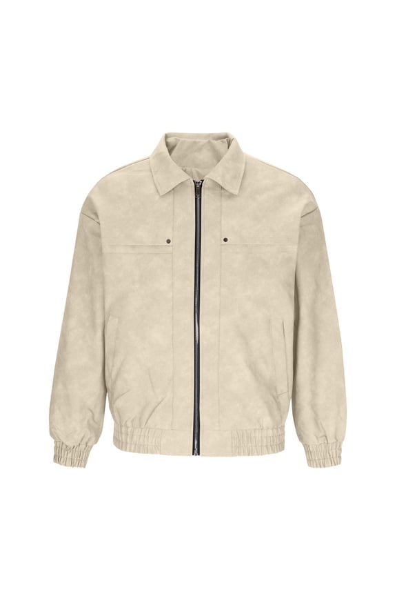 Men's Casual Varsity Jacket Vintage Zip Up Lightweight Suede Leather Bomber Jackets Casual Preppy Outerwear With Pockets