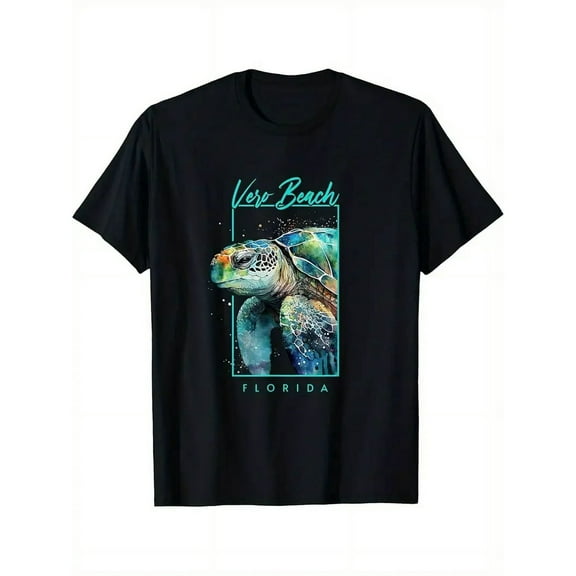 Men's Casual Vero Beach Florida Watercolor Sea Turtle Graphic T-Shirt