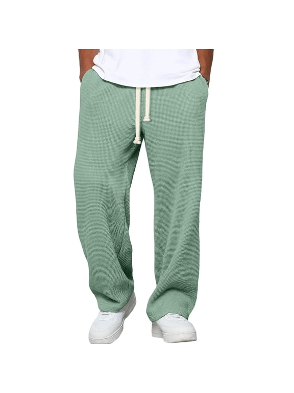 Men's Casual Waffle Knit Pants Relaxed Fit Elastic Waist Drawstring Straight Leg for Daily Wear and Weekend Comfort