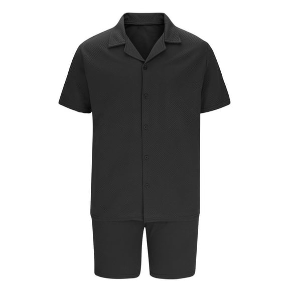 Men's Casual Waffle Solid Color Outfits 2 Piece Button Down Lapel Short Sleeve Shirts and Shorts Set
