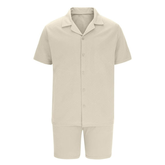 Men's Casual Waffle Solid Color Outfits 2 Piece Button Down Lapel Short Sleeve Shirts and Shorts Set