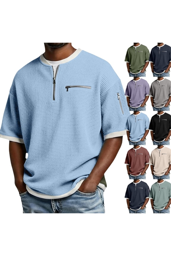 Men's Casual Waffle Weave Zipper Collar Lightweight Breathable Short Sleeve Top for Summer Heat, Athletic Activities, Daily Comfort and Breathable Performance,Purple,M