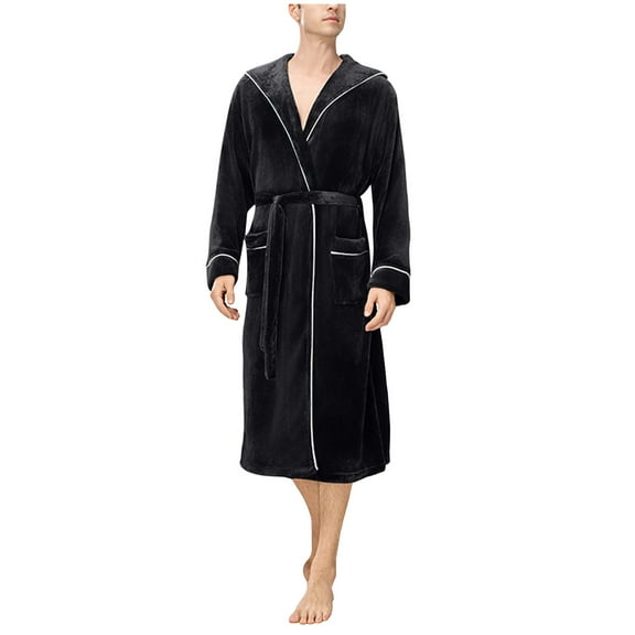 Men’s Casual Warm Nightgown Bandage Pull Rope Home Wear Comfort Casual Pajama Top Solid Basic Thermal Sleepwear Long Sleeve Nightgown