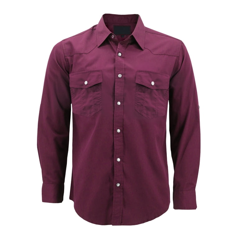 Men’s Casual Western Pearl Snap Button Down Long Sleeve Cowboy Dress Shirt  (Burgundy, XL)