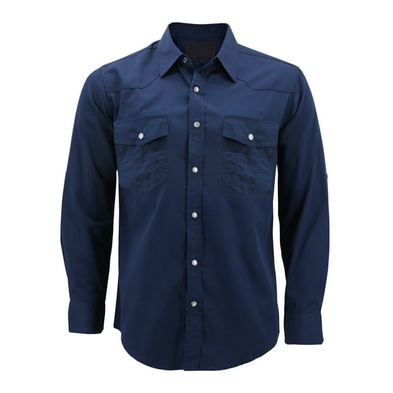 Men’s Casual Western Pearl Snap Button Down Long Sleeve Cowboy Dress Shirt (Navy, 3XL)