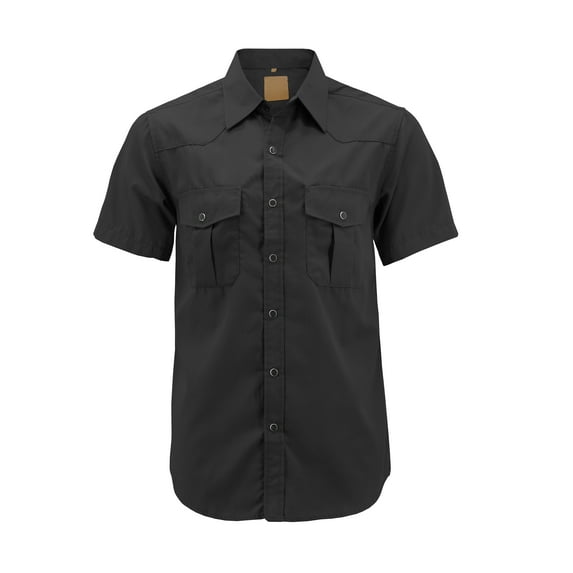 Men’s Casual Western Pearl Snap Button Down Short Sleeve Cowboy Dress Shirt (Black #4, L)