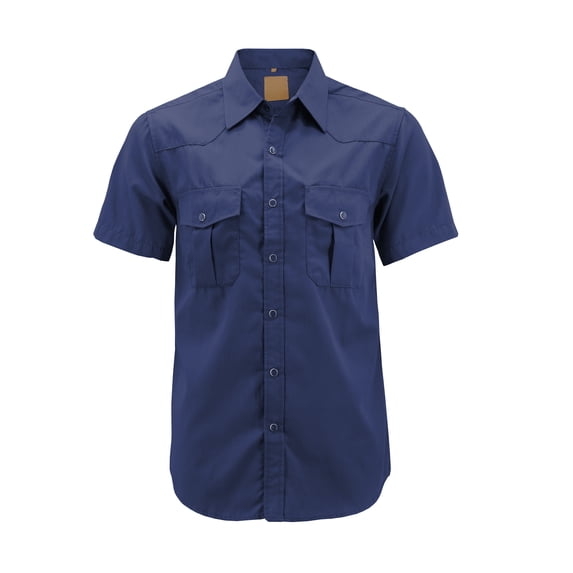 Men’s Casual Western Pearl Snap Button Down Short Sleeve Cowboy Dress Shirt (Navy #6, 3XL)